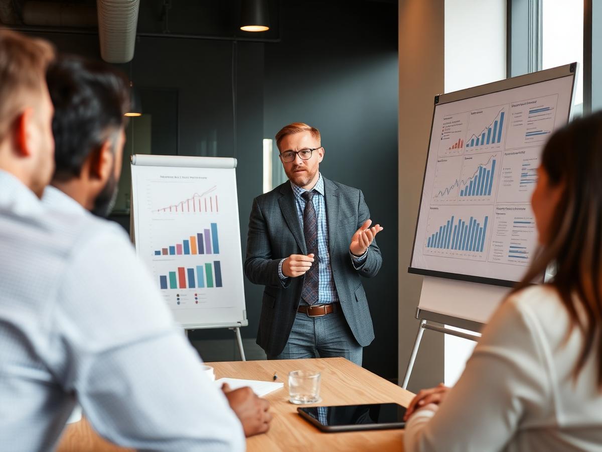 Consultor empresarial apresentando estratégia de marketing